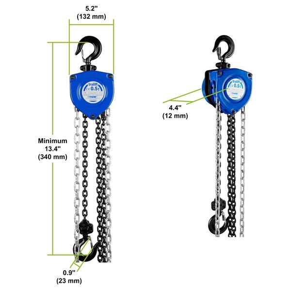 Tralift Manual Chain Hoist, 1,000 lb. (0.5 Ton) Load Capacity, 15 ft. Lift