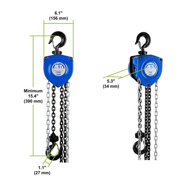 Tralift Manual Chain Hoist, 2,000 lb. (1 Ton) Load Capacity, 15 ft. Lift