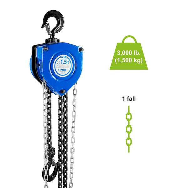 Tralift Manual Chain Hoist, 3,000 lb. (1.5 Ton) Load Capacity, 20 ft. Lift