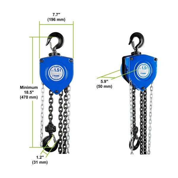 Tralift Manual Chain Hoist, 3,000 lb. (1.5 Ton) Load Capacity, 10 ft. Lift