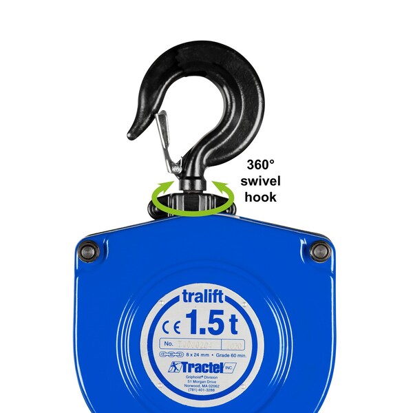 Tralift Manual Chain Hoist, 3,000 lb. (1.5 Ton) Load Capacity, 15 ft. Lift