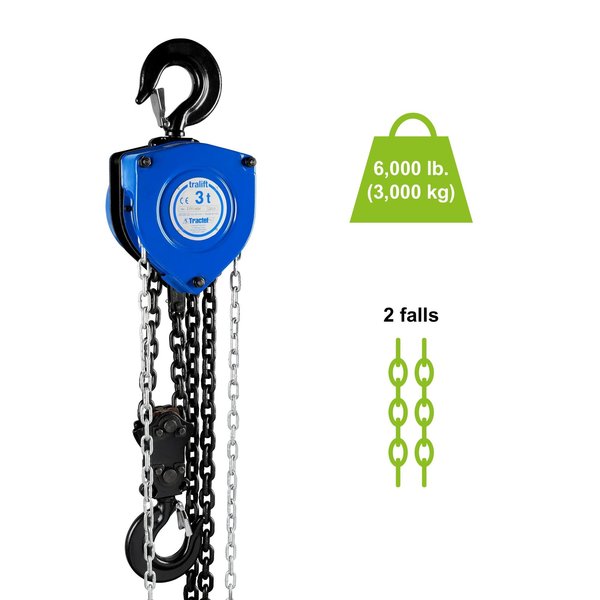 Tralift Manual Chain Hoist, 6,000 lb. (3 Ton) Load Capacity, 10 ft. Lift