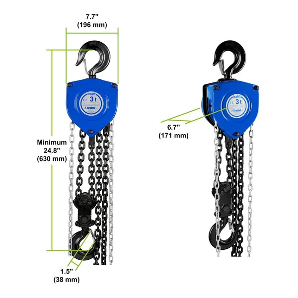 Tralift Manual Chain Hoist, 6,000 lb. (3 Ton) Load Capacity, 10 ft. Lift