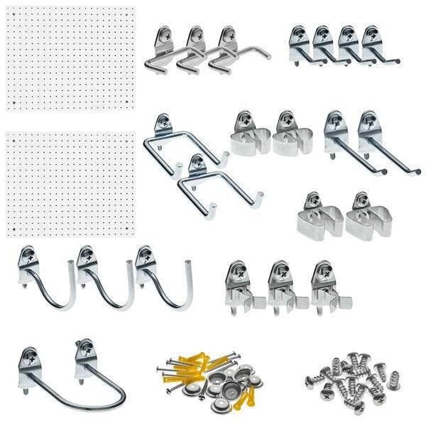 (2) 22 In. W x 18 In. H x 1/8 In. D White Polypropylene Pegboards 22 pc. DuraHook Assortment and Mounting Hardware