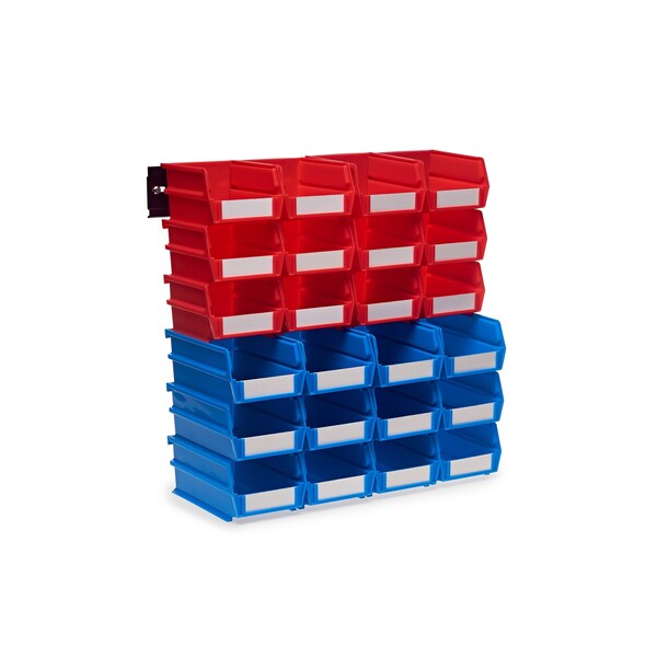 Wall Storage Unit with (12) 5-3/8 L x 4-1/8 W x 3 H Red Bins & (12) 7-3/8 L x 4-1/8 W x 3 H Blue Bins