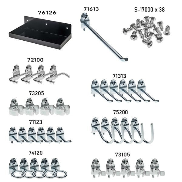 12 In. W x 6 In. D Black Epoxy Coated Steel Pegboard Shelf 36 pc. DuraHook Pegboard Hook Assortment