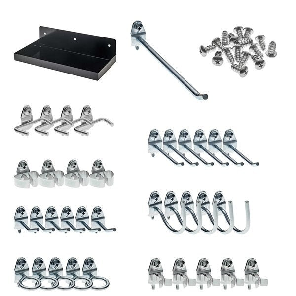 12 In. W x 6 In. D Black Epoxy Coated Steel Pegboard Shelf 36 pc. DuraHook Pegboard Hook Assortment
