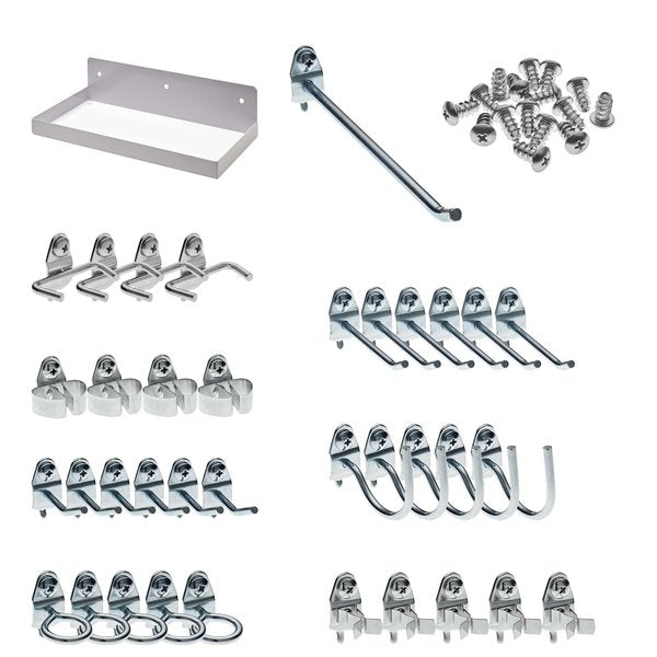 12 In. W x 6 In. D White Epoxy Coated Steel Pegboard Shelf 36 pc. DuraHook Pegboard Hook Assortment