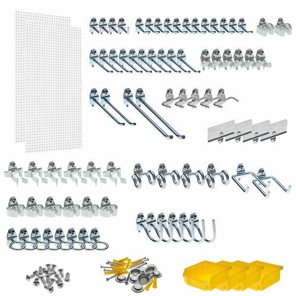 (2) 24 In. W x 48 In. H x 1/4 In. D Polypropylene Pegboards 79 pc. DuraHook Assortment 4 Hanging Bins