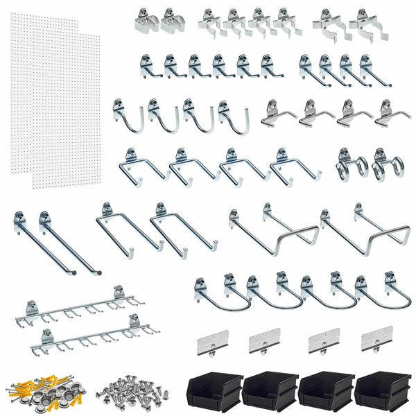 (2) 24 In. W x 48 In. H x 1/4 In. D Polypropylene Pegboards 48 pc. DuraHook Assortment 4 Hanging Bins