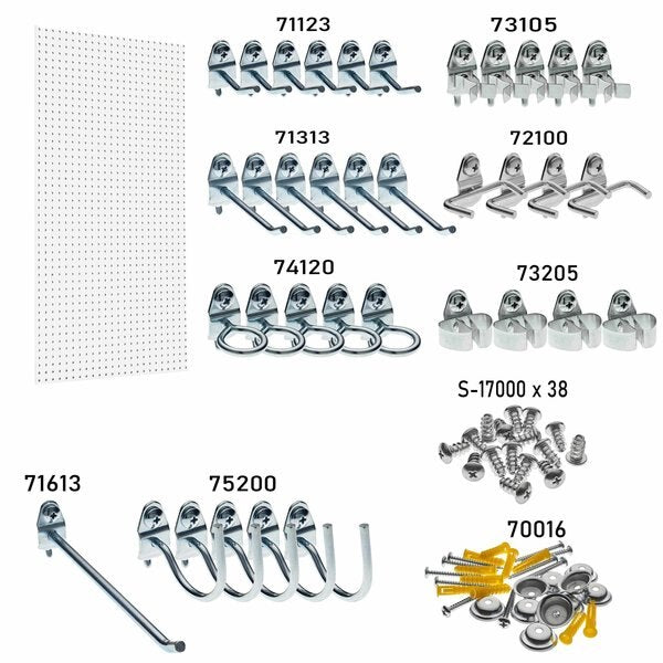 24 In. W x 48 In. H x 1/4 In. D White Polypropylene Pegboard with 36 pc. DuraHook Assortment