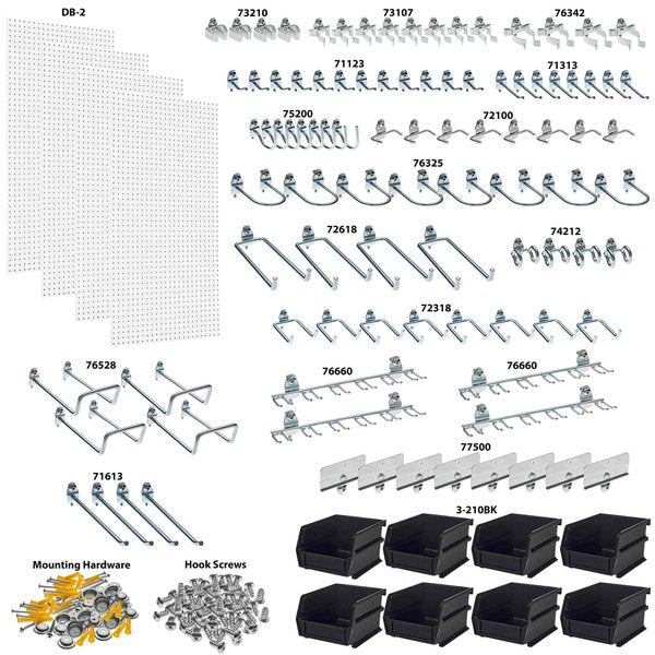 (4) 24 In. W x 48 In. H x 1/4 In. D Polypropylene Pegboards 96 pc. DuraHook Assortment 8 Hanging Bins