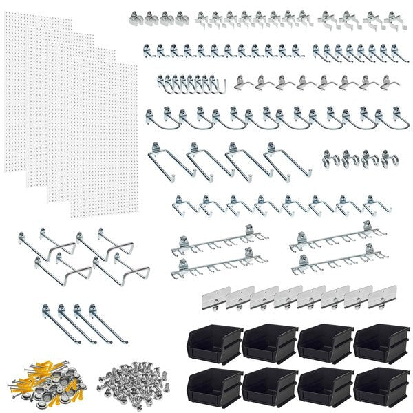 (4) 24 In. W x 48 In. H x 1/4 In. D Polypropylene Pegboards 96 pc. DuraHook Assortment 8 Hanging Bins