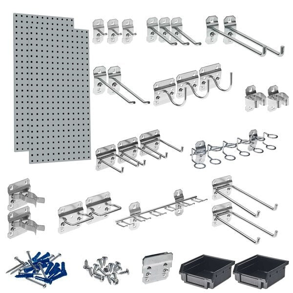 (2) 18 In. W x 36 In. H Gray Steel Square Hole Pegboards 30 pc. LocHook Assortment & Hanging Bin System