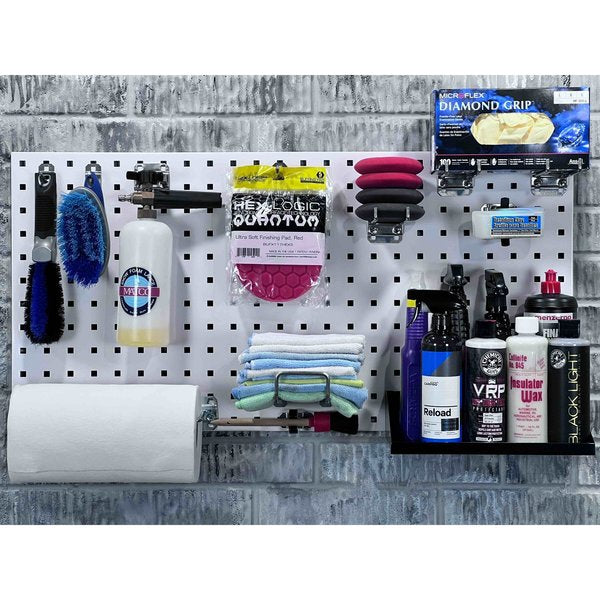 (2) 18 In. W x 36 In. H White Steel Square Hole Pegboards 30 pc. LocHook Assortment & Hanging Bin System