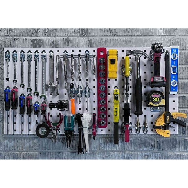 (2) 18 In. W x 36 In. H White Steel Square Hole Pegboards 30 pc. LocHook Assortment & Hanging Bin System