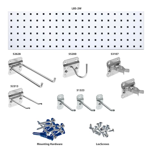 White Garden Storage Kit with (1) 31.5 In. x 9 In. 18-Gauge Steel Square Hole Pegboard 8 pc. LocHook Assortment