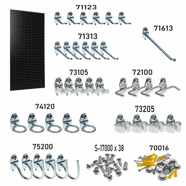 24 In. W x 42 In. H x 1/4 In. D High Density Fiberboard Round Hole Pegboard 36 pc. Locking Hook Assortment