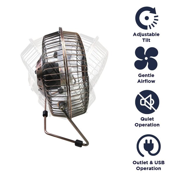 4 in. Desk Fan, Table Fan, Portable Fan, USB Fan, Non-Oscillating, 1 Speeds, Copper
