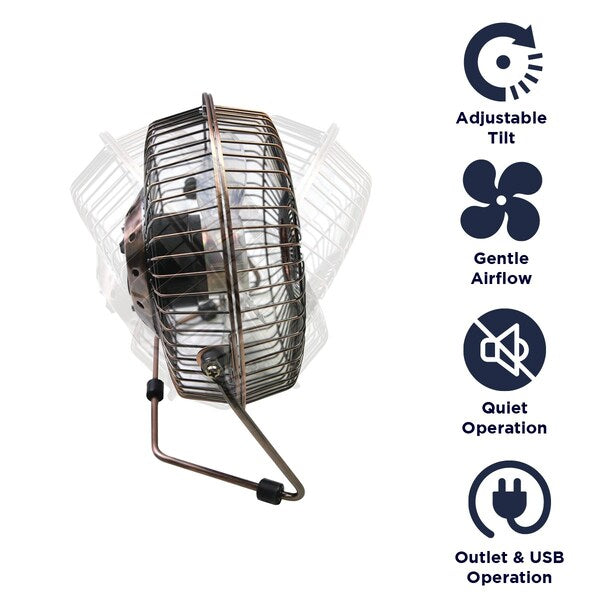 8 in. Desk Fan, Table Fan, Portable Fan, USB Fan, Non-Oscillating, 1 Speeds, Copper