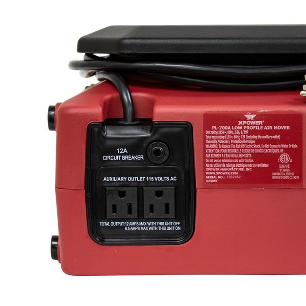 1/3 HP, 1050 CFM, 2.8 Amps, 2 Positions, 3 Speeds Low Profile Air Mover with Power Outlets for Daisy Chain