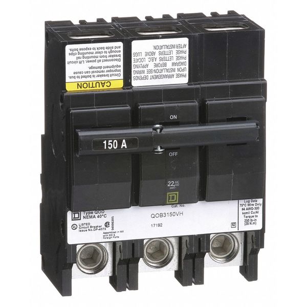 Miniature Circuit Breaker, 150 A, 120/240V AC, 3 Pole, Bolt On Mounting Style, QOB Series