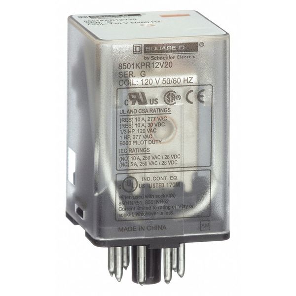 General Purpose Relay, 120V AC Coil Volts, Octal, 8 Pin, DPDT