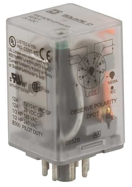 General Purpose Relay, 24V DC Coil Volts, Octal, 8 Pin, DPDT