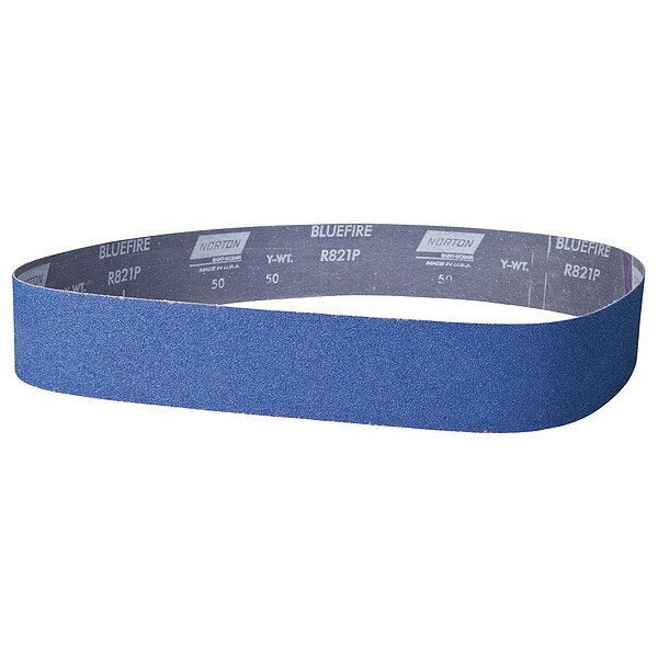 Sanding Belt, Coated, 1 in W, 42 in L, 40 Grit, Coarse, Zirconia Alumina, R821P BlueFire, Blue