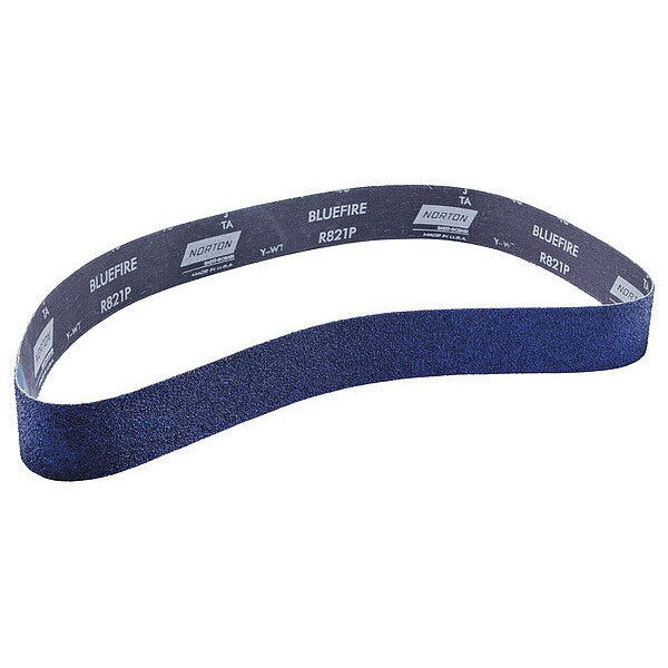 Sanding Belt, Coated, 2 in W, 48 in L, 40 Grit, Coarse, Zirconia Alumina, R821P BlueFire, Blue