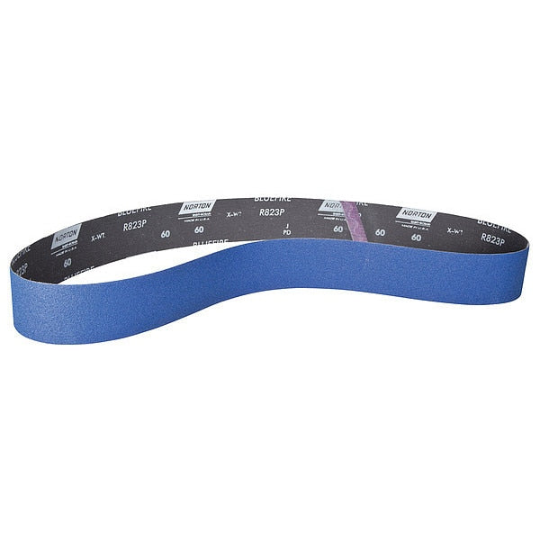 Sanding Belt, Coated, 4 in W, 36 in L, 60 Grit, Medium, Zirconia Alumina, R823P Bluefire, Blue