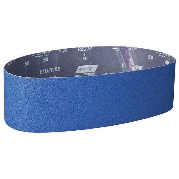 Sanding Belt, Coated, 4 in W, 36 in L, 50 Grit, Coarse, Zirconia Alumina, R821P BlueFire, Blue