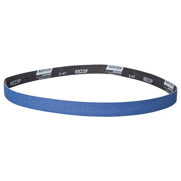 Sanding Belt, Coated, 1 in W, 42 in L, 80 Grit, Medium, Zirconia Alumina, R823P Bluefire, Blue