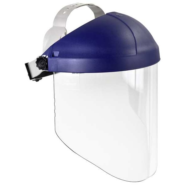 Ratchet Headgear with Clear Polycarbonate Faceshield, Uncoated, 9 in Visor Height, Blue