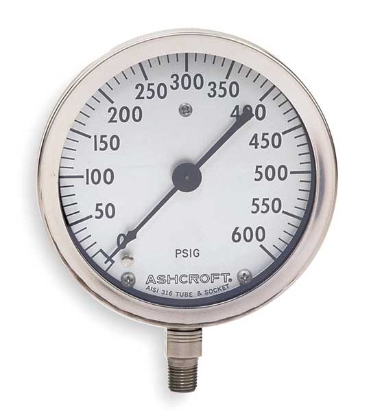 Pressure Gauge, 0 to 600 psi, 1/4 in MNPT, Stainless Steel, Black