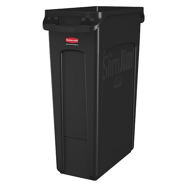 23 gal Rectangular Trash Can, Black, 11 in Dia, None, Plastic