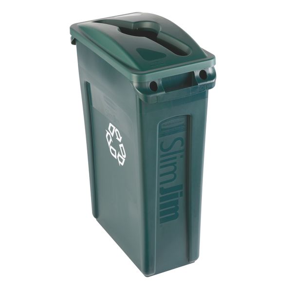 23 gal Rectangular Recycling Bin, Open Top, Green, Plastic, 1 Openings
