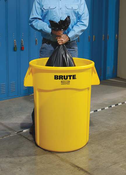 44 gal Round Trash Can, Yellow, 24 in Dia, None, Plastic