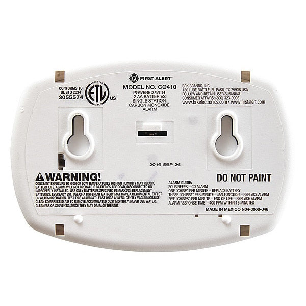 Carbon Monoxide Alarm, Electrochemical Sensor, 85 dB @ 10 ft Audible Alert, (2) AA Batteries