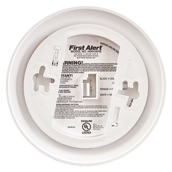 Heat Alarm, Thermistor Sensor, 85 dB @ 10 ft Audible Alert, 120V AC, 9V