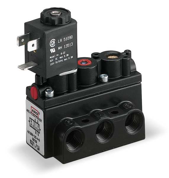 Solenoid Air Control Valve, 1/4 In, 12VDC, Overall Length: 3-1/2