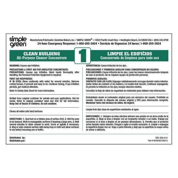 Ten pack of secondary labels for Simple Green Clean Building All-Purpose Cleaner