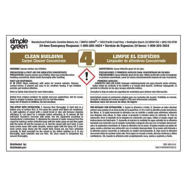 Ten pack of secondary labels for Simple Green Clean Building Carpet Cleaner