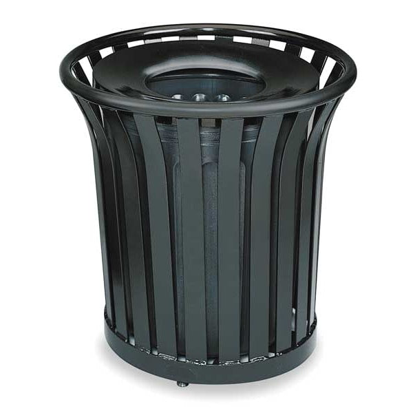 36 gal Round Trash Can, Black, 29 in Dia, None, Steel, Rigid Plastic