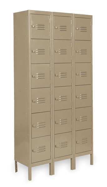 Box Locker, 36 in W, 18 in D, 78 in H, (3) Wide, (18) Openings, Tan