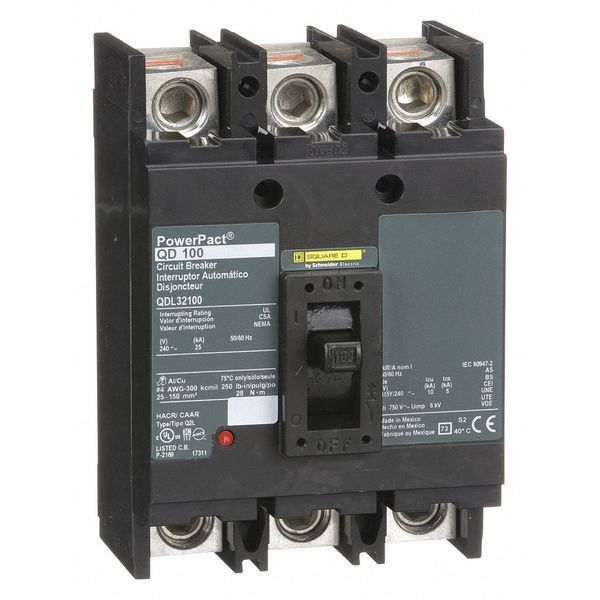 Molded Case Circuit Breaker, 100 A, 240V AC, 3 Pole, Free Standing Mounting Style, QD Series