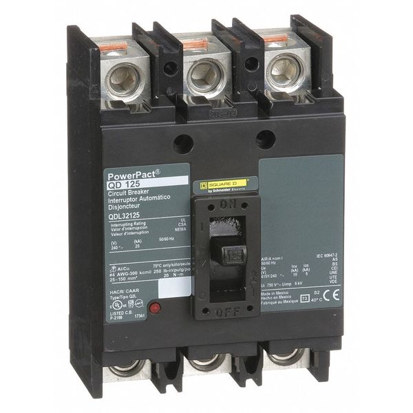 Molded Case Circuit Breaker, 125 A, 240V AC, 3 Pole, Free Standing Mounting Style, QD Series