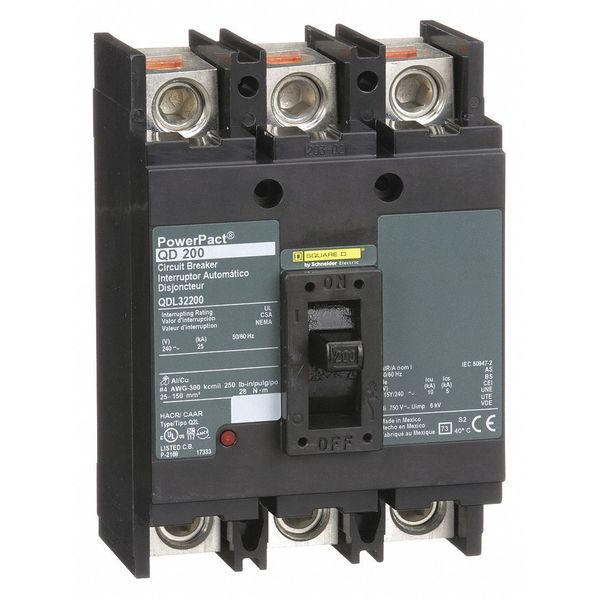 Molded Case Circuit Breaker, 200 A, 240V AC, 3 Pole, Free Standing Mounting Style, QD Series