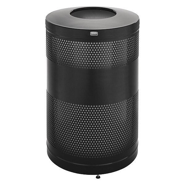 51 gal Round Trash Can, Black, 24 in Dia, None, Steel, Rigid Plastic