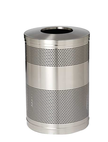 51 gal Round Trash Can, Stainless Steel, 24 in Dia, None, Stainless Steel, Rigid Plastic